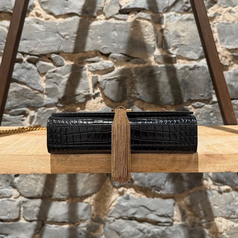 Saint Laurent Black Croc Embossed Small Kate Tassle Chain Bag
