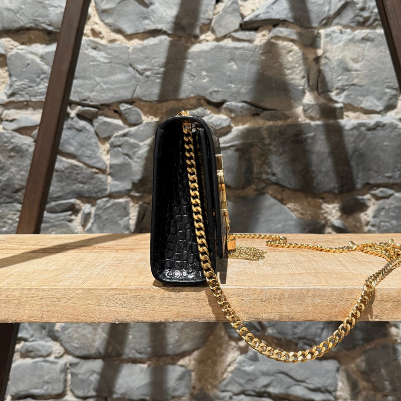 Saint Laurent Black Croc Embossed Small Kate Tassle Chain Bag
