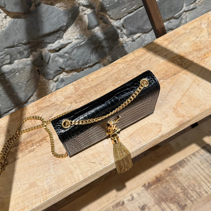 Saint Laurent Black Croc Embossed Small Kate Tassle Chain Bag