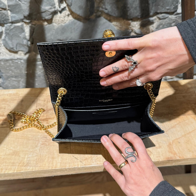 Saint Laurent Black Croc Embossed Small Kate Tassle Chain Bag