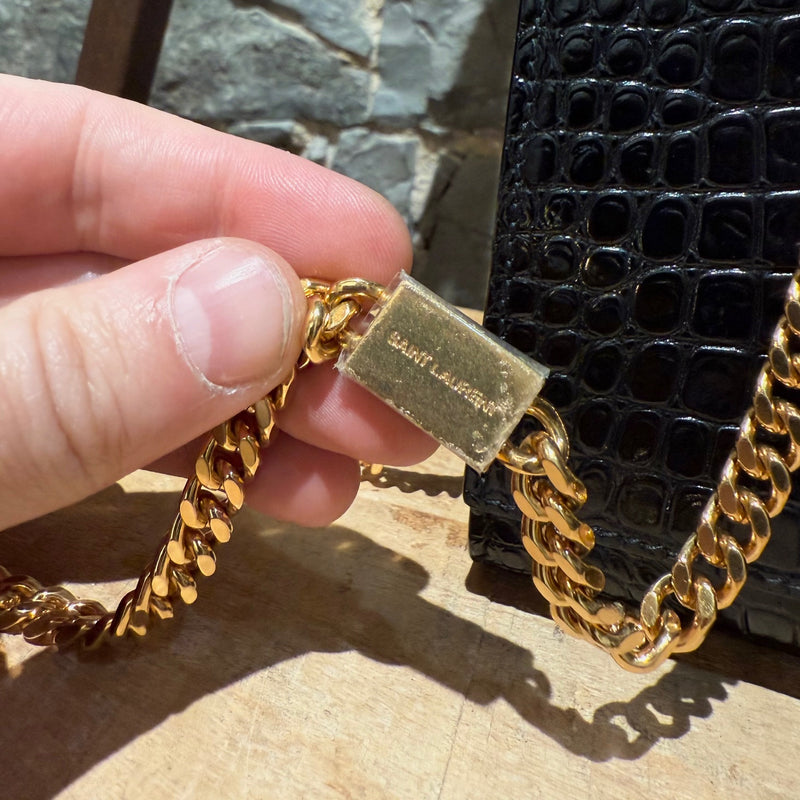 Saint Laurent Black Croc Embossed Small Kate Tassle Chain Bag