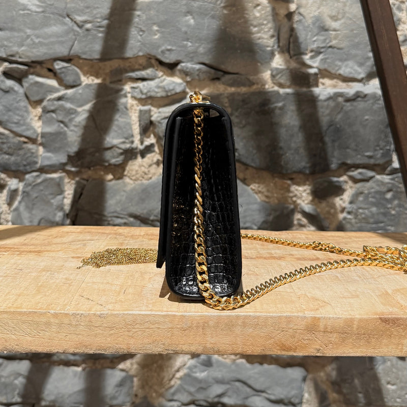 Saint Laurent Black Croc Embossed Small Kate Tassle Chain Bag