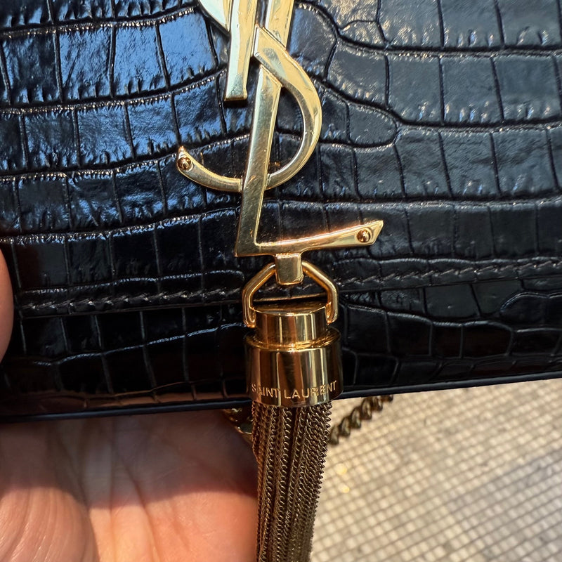 Saint Laurent Black Croc Embossed Small Kate Tassle Chain Bag