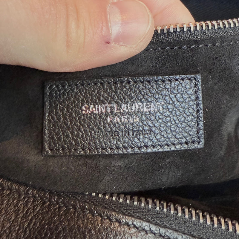 Brand and origin leather patch of Saint Laurent Black Leather Suede Medium Cabas Rive Gauche 2 Way Bag