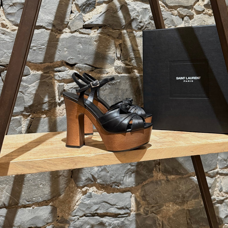 Main photo of Saint Laurent Black Leather Wood Platform Candy Sandals
