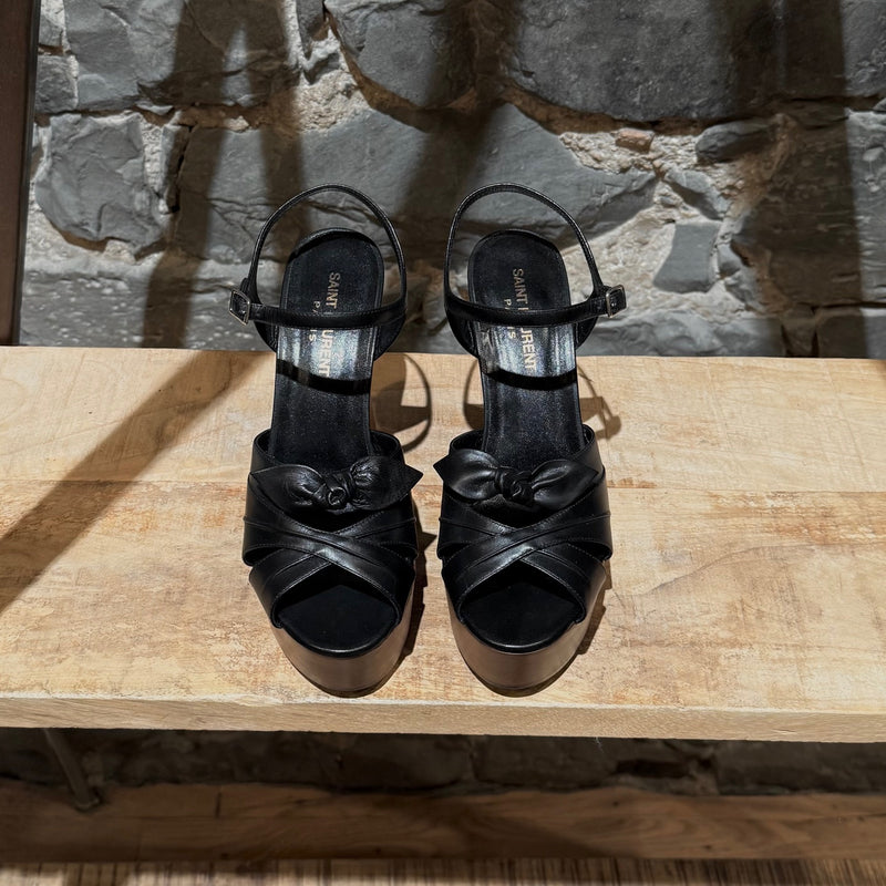 Top view of Saint Laurent Black Leather Wood Platform Candy Sandals