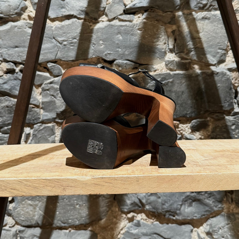 Outsoles of Saint Laurent Black Leather Wood Platform Candy Sandals