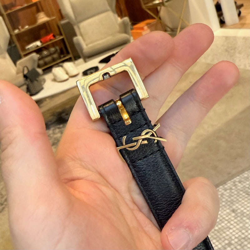 Saint Laurent Black Leather YSL Monogram Cassandre Belt