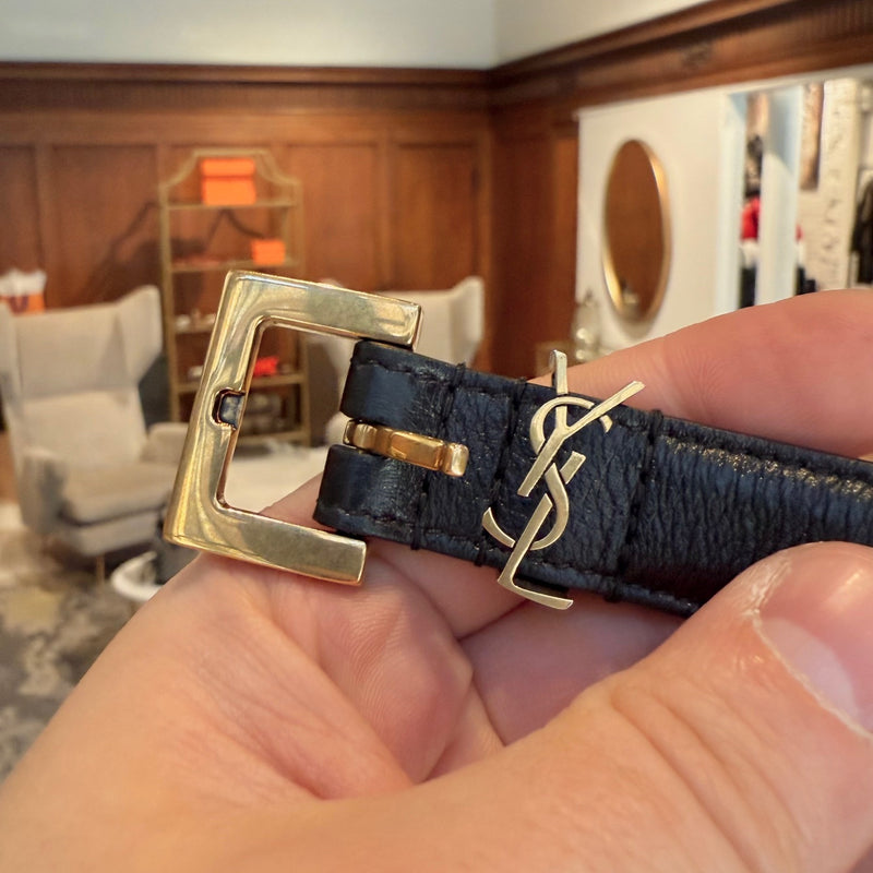 Saint Laurent Black Leather YSL Monogram Cassandre Belt