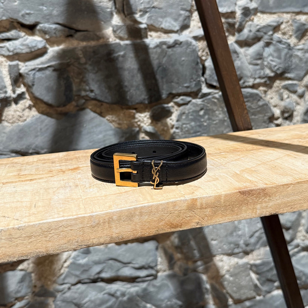 Saint Laurent Black Leather YSL Monogram Cassandre Belt