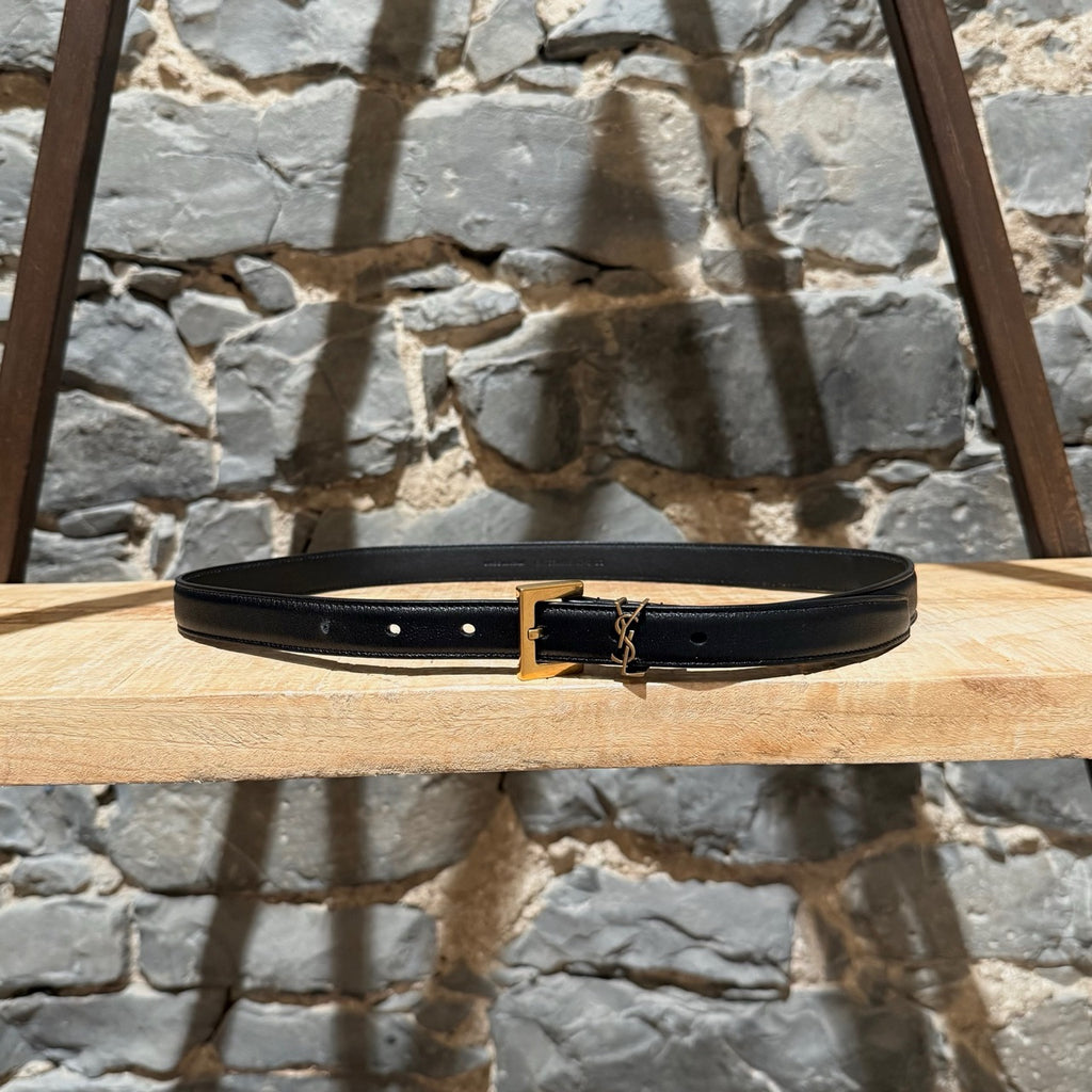 Saint Laurent Black Leather YSL Monogram Cassandre Belt