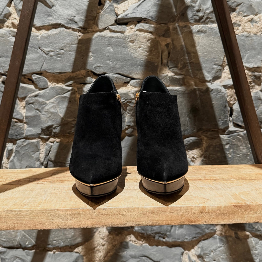Front view of Saint Laurent Black Suede Gold Trim Janis Platform Ankle Booties