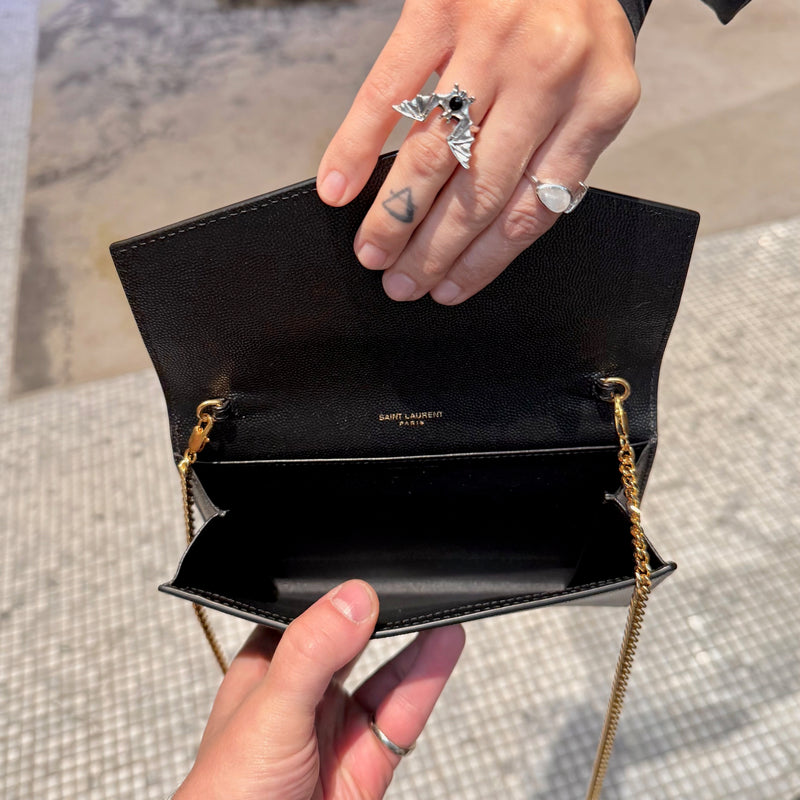 Saint Laurent Black Grain de Poudre Leather Uptown Chain Wallet W/ Card Case