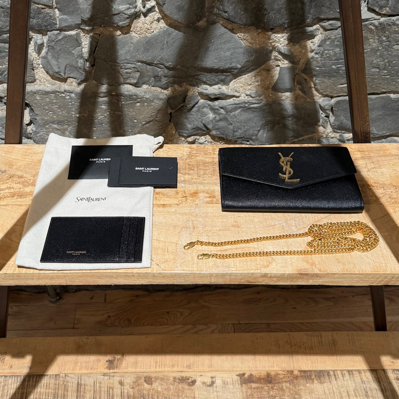 Saint Laurent Black Grain de Poudre Leather Uptown Chain Wallet W/ Card Case