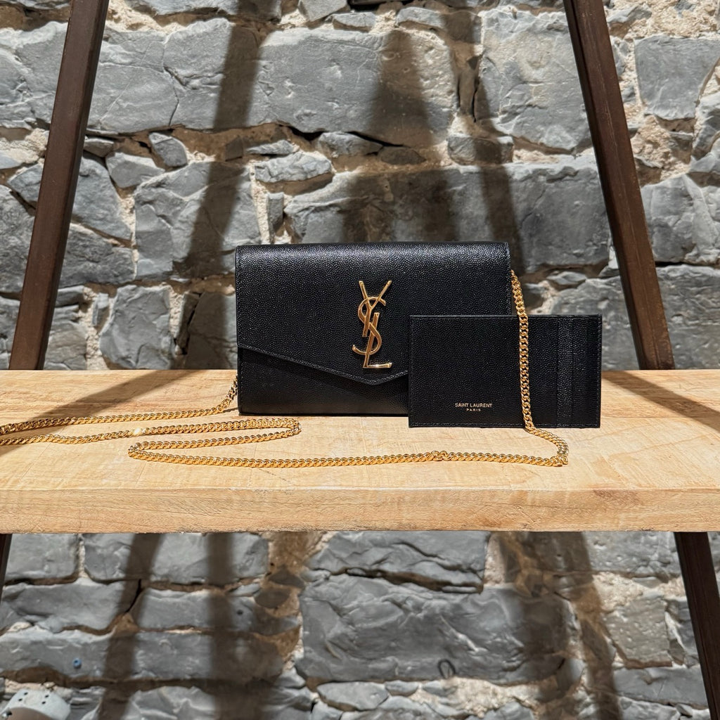 Saint Laurent Black Grain de Poudre Leather Uptown Chain Wallet W/ Card Case