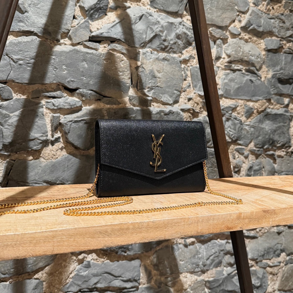 Saint Laurent Black Grain de Poudre Leather Uptown Chain Wallet W/ Card Case