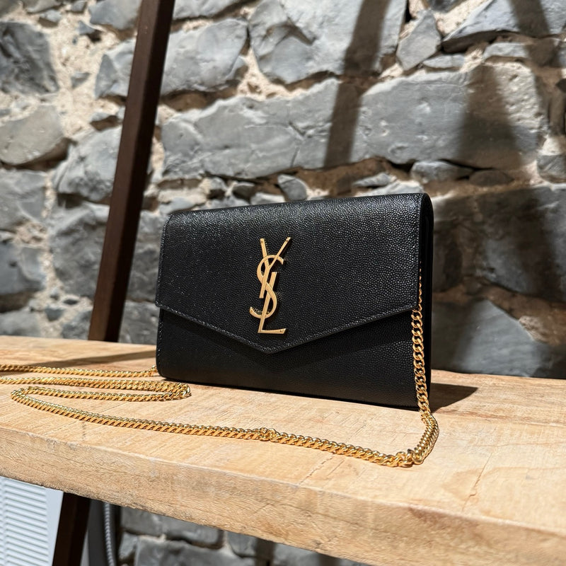 Saint Laurent Black Grain de Poudre Leather Uptown Chain Wallet W/ Card Case