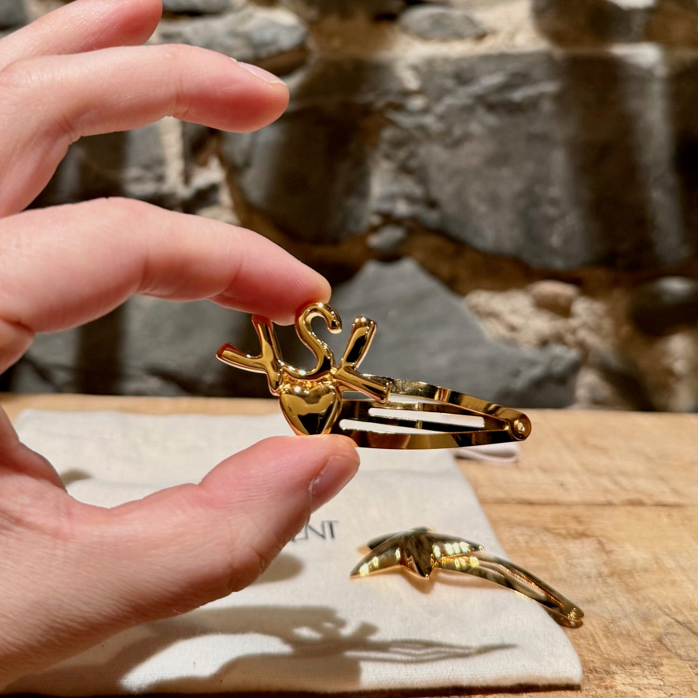 Saint Laurent Gold-Tone YSL Cassandre Set of 2 Hair Clips