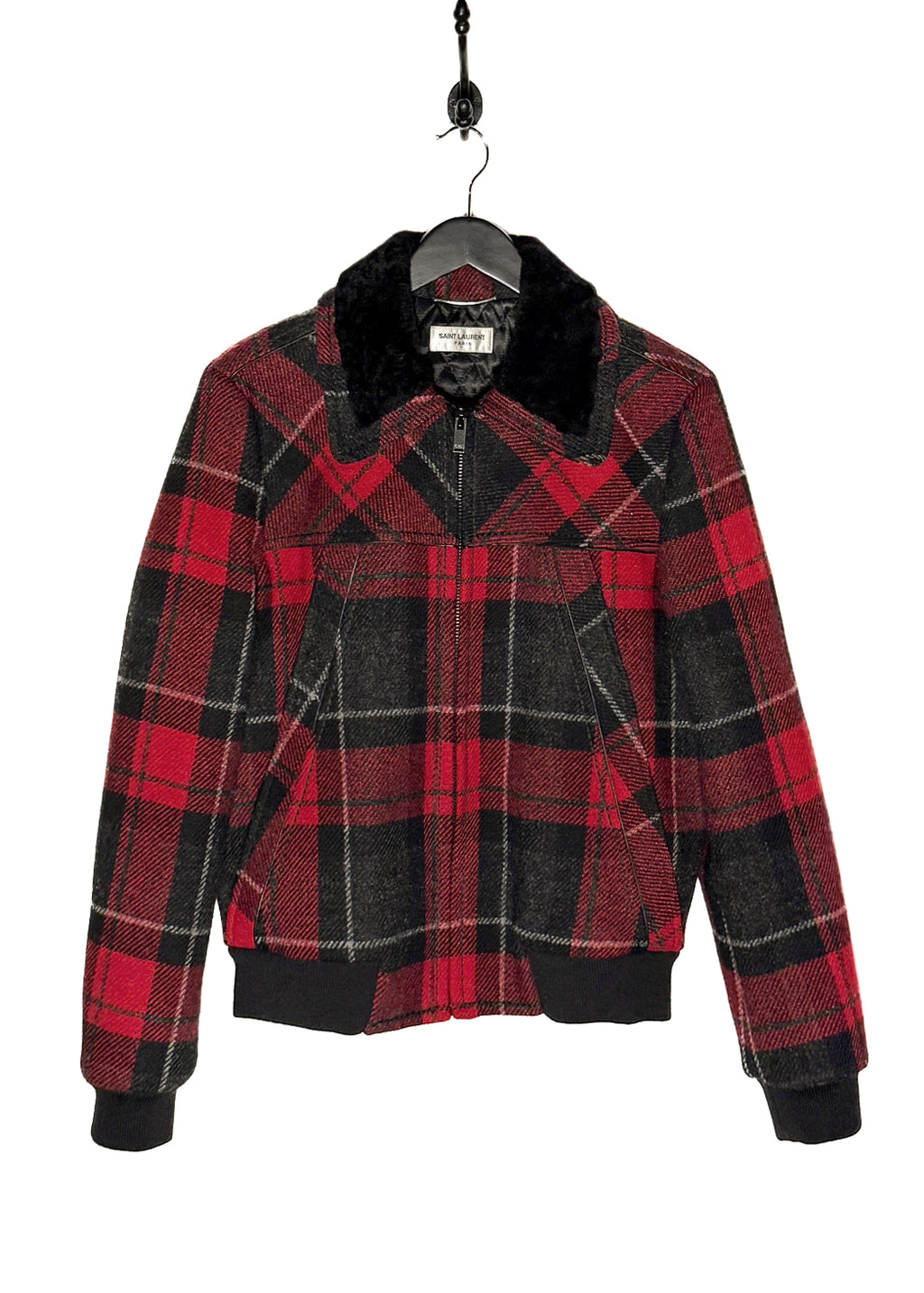 Saint Laurent Shearling Collar Black Red Plaid Jacket