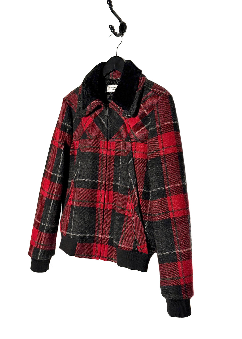 Saint Laurent Shearling Collar Black Red Plaid Jacket