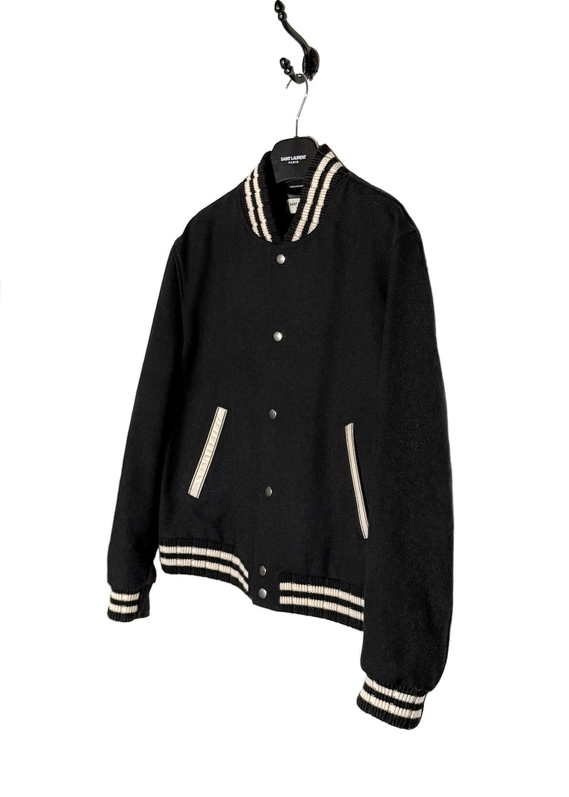 Side front view of Saint Laurent Signature Logo Back Teddy Bomber Jacket