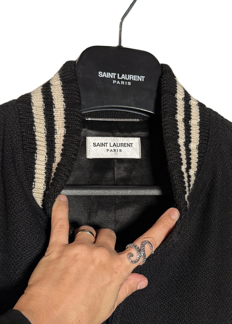 Collar area of Saint Laurent Signature Logo Back Teddy Bomber Jacket
