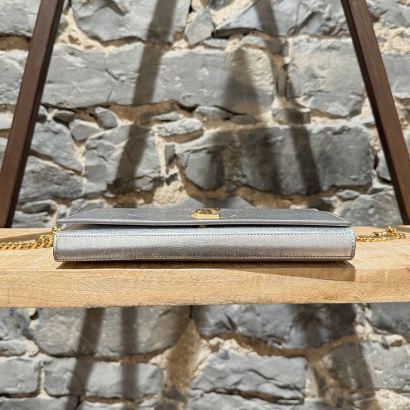 Saint Laurent Silver Metallic Kate Monogram Wallet On Chain Clutch