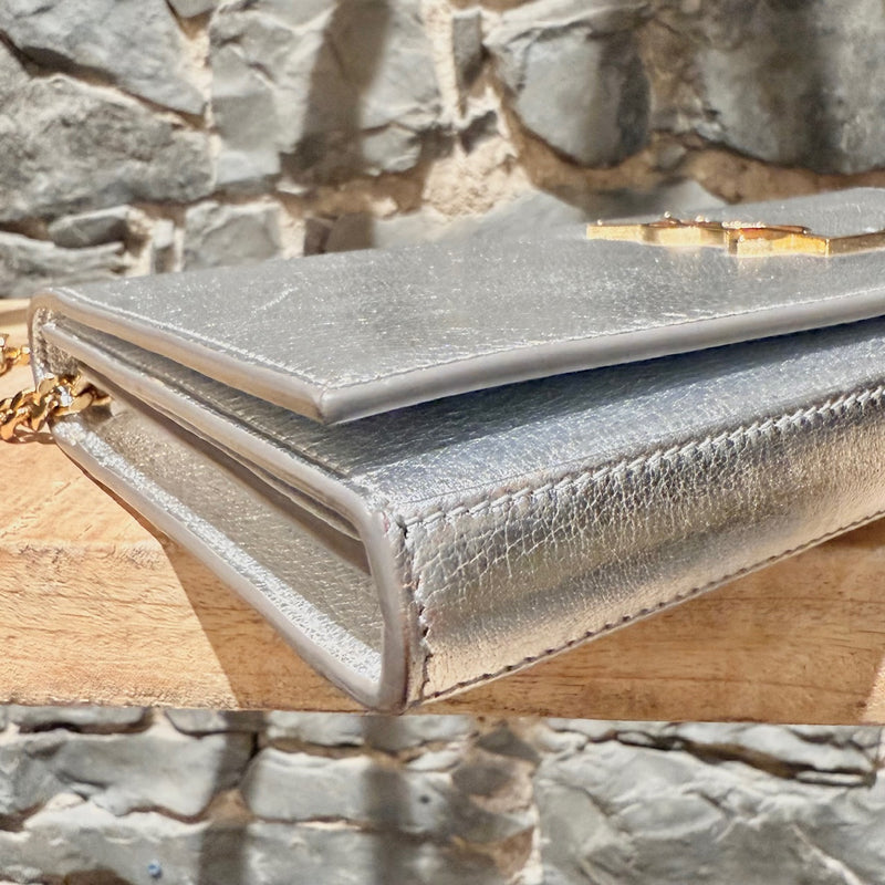 Saint Laurent Silver Metallic Kate Monogram Wallet On Chain Clutch