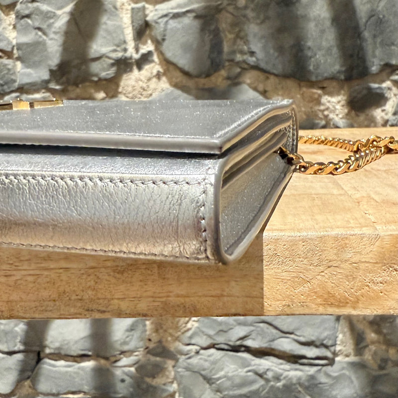 Saint Laurent Silver Metallic Kate Monogram Wallet On Chain Clutch