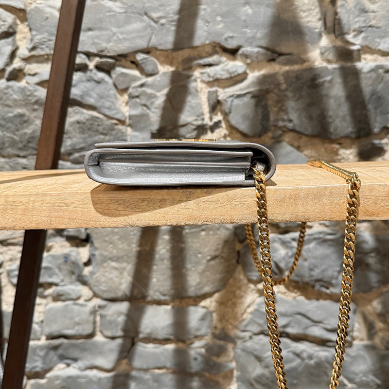 Saint Laurent Silver Metallic Kate Monogram Wallet On Chain Clutch