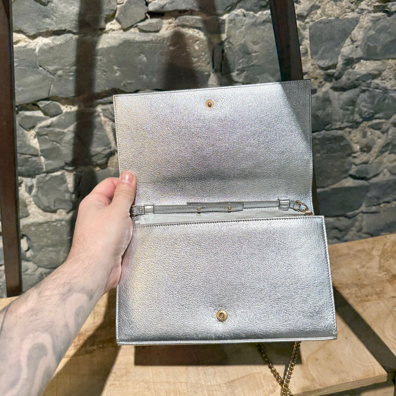 Saint Laurent Silver Metallic Kate Monogram Wallet On Chain Clutch