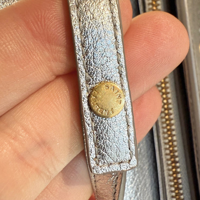 Saint Laurent Silver Metallic Kate Monogram Wallet On Chain Clutch