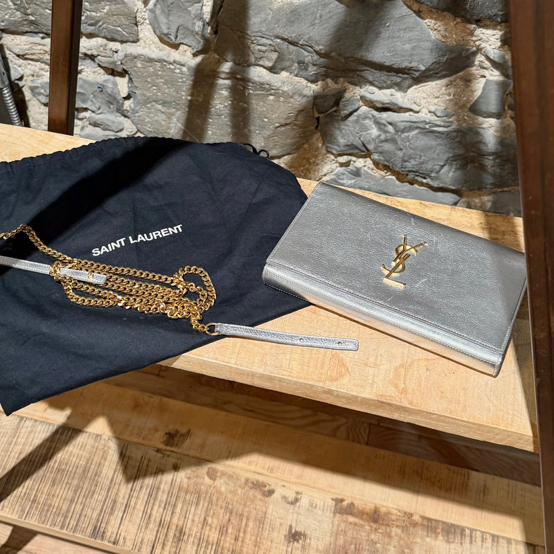 Saint Laurent Silver Metallic Kate Monogram Wallet On Chain Clutch