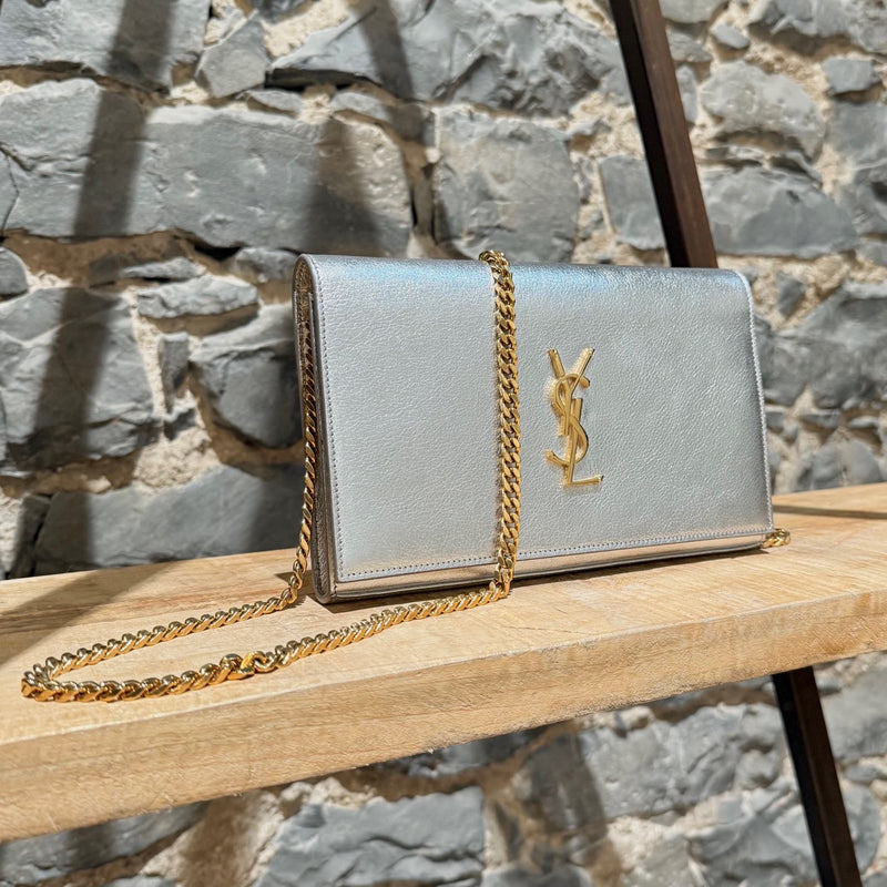 Saint Laurent Silver Metallic Kate Monogram Wallet On Chain Clutch