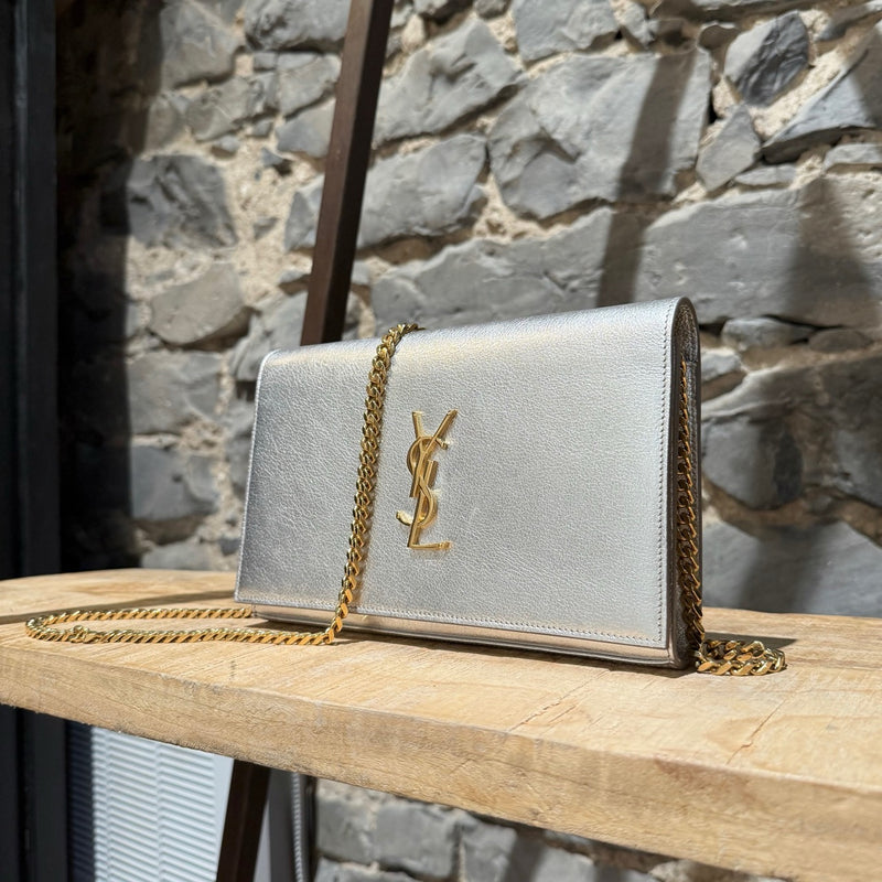 Saint Laurent Silver Metallic Kate Monogram Wallet On Chain Clutch