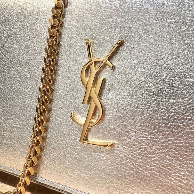 Saint Laurent Silver Metallic Kate Monogram Wallet On Chain Clutch