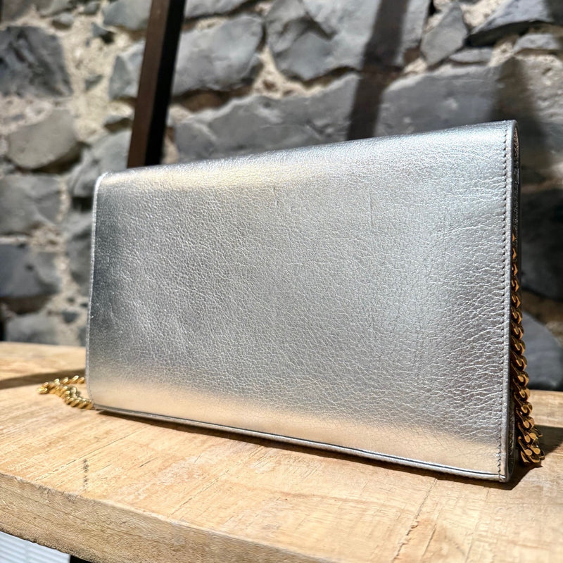 Saint Laurent Silver Metallic Kate Monogram Wallet On Chain Clutch