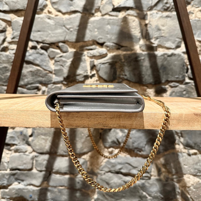 Saint Laurent Silver Metallic Kate Monogram Wallet On Chain Clutch