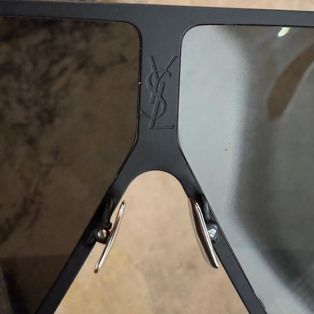 Branding detail on Saint Laurent SL 182 Betty Black Silver Square Shield Sunglasses
