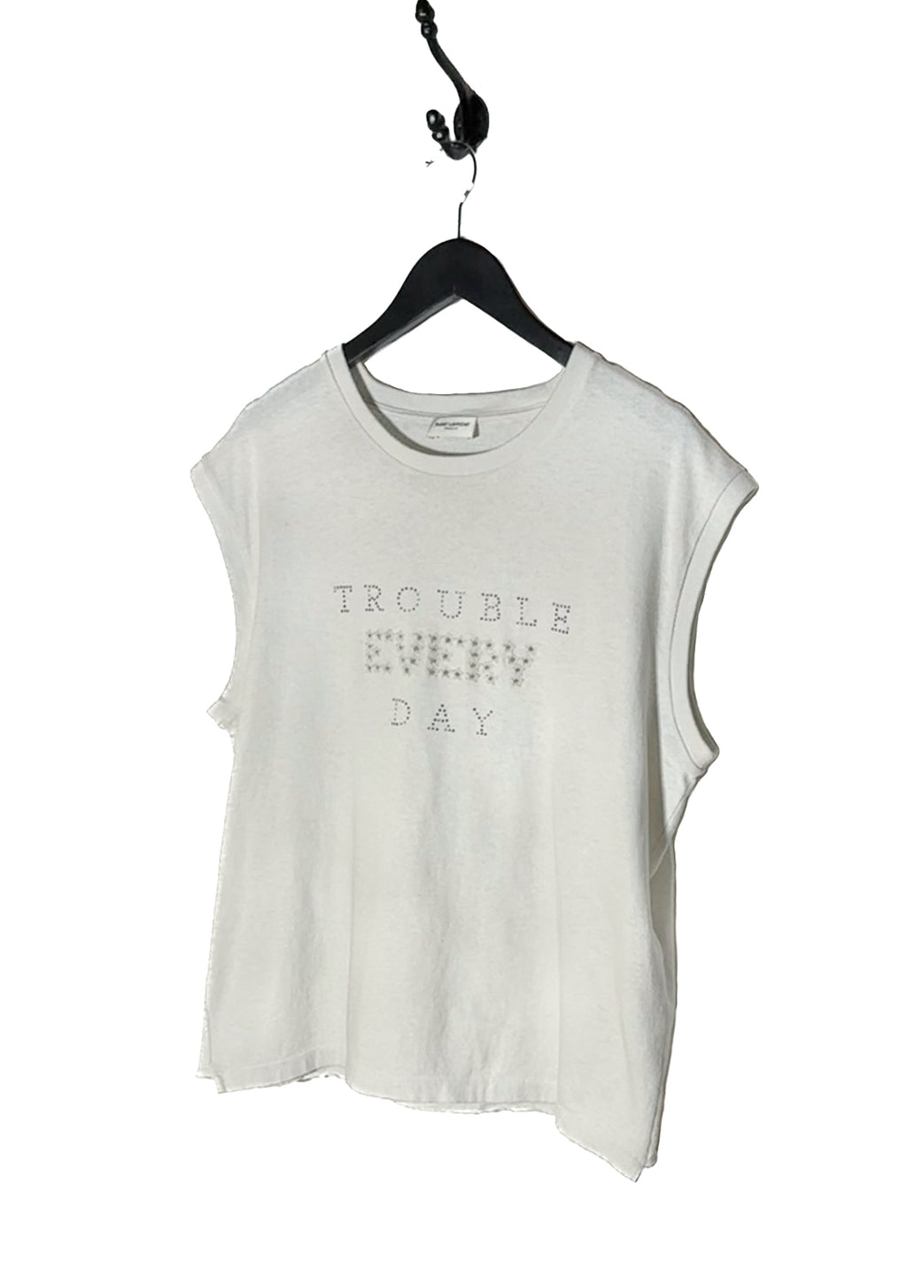 Front side of Saint Laurent SS20 Ivory "Trouble Every Day" Embroidered Cut-out Tank Top