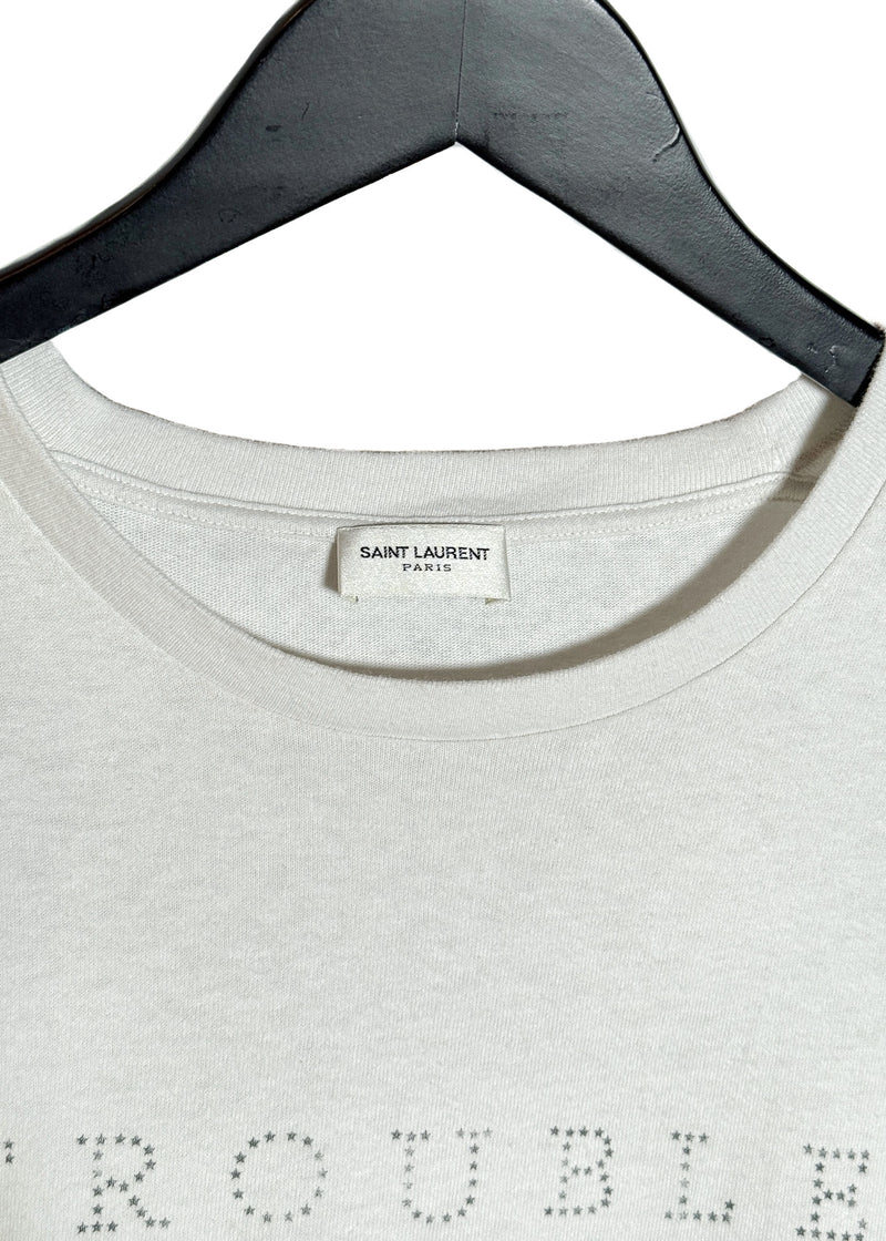 Crew neck and brand label of Saint Laurent SS20 Ivory "Trouble Every Day" Embroidered Cut-out Tank Top