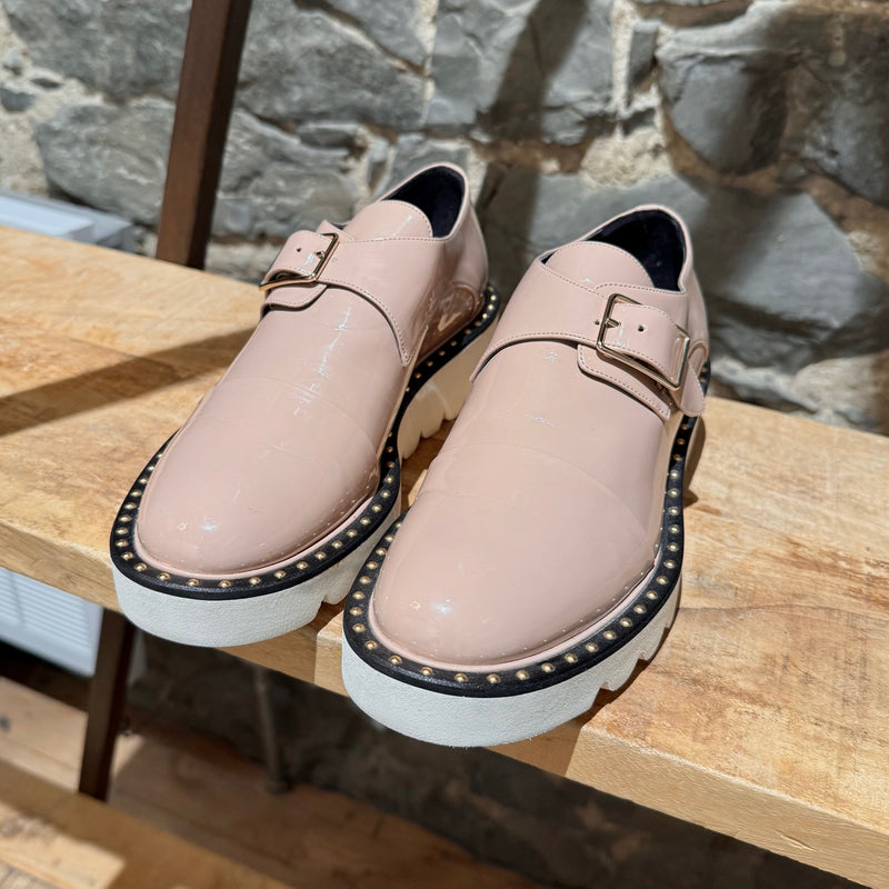 Stella McCartney Pink Patent Faux Leather Monk Strap Platform Shoes