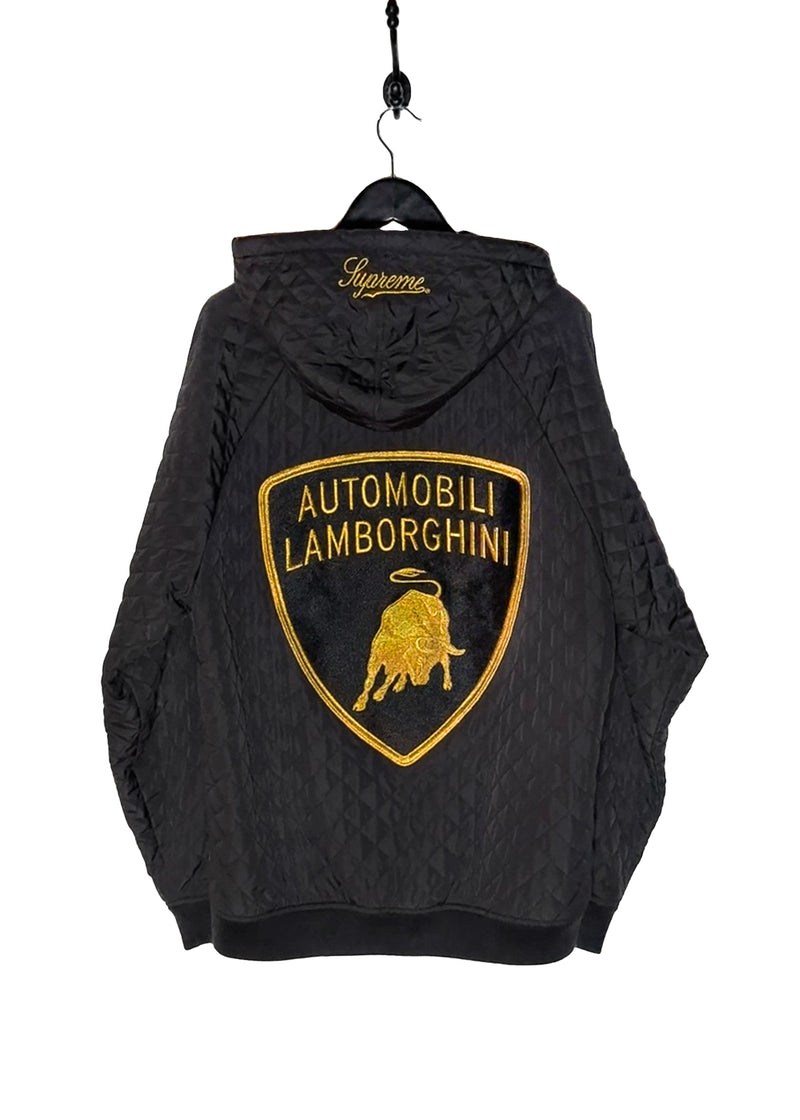 Back of Supreme Automobili Lamborghini Black Quilted Hooded Jacket