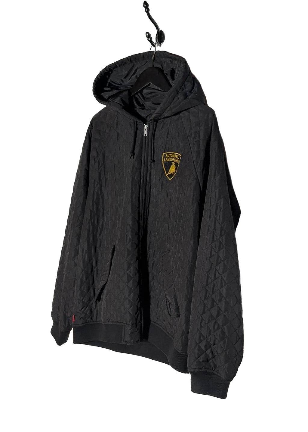 Front side of Supreme Automobili Lamborghini Black Quilted Hooded Jacket