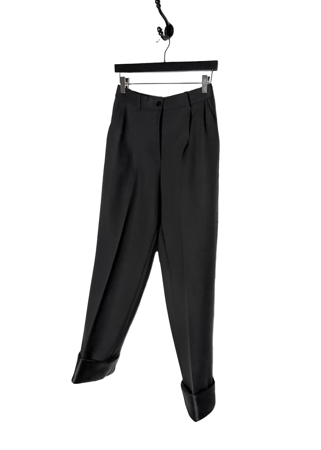 Front side of The Row Black Cassandro Satin Cuffed Wide Leg Pants