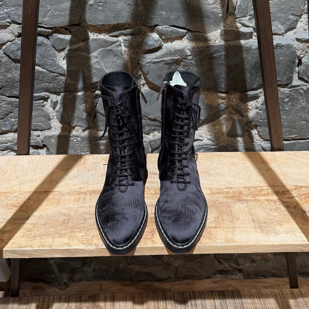 Top view of The Row Black Silk Wool Fara Distressed Combat Boots