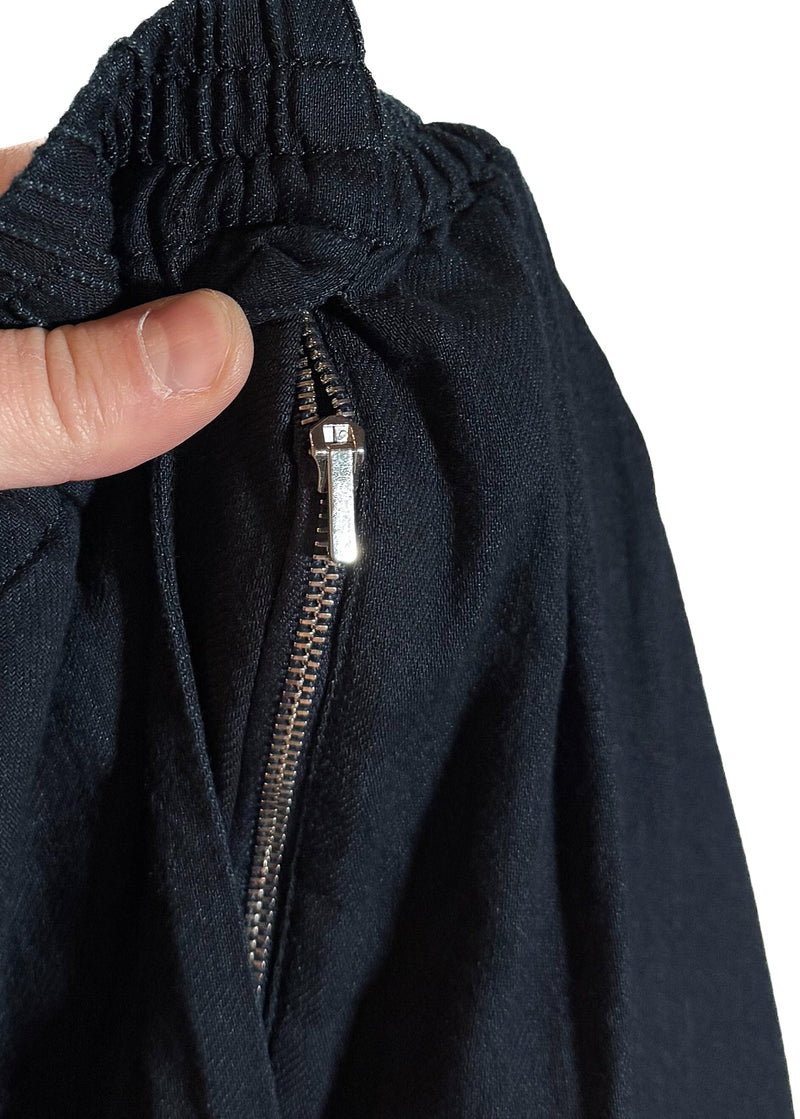 Zipper close-up of The Row Dark Navy Blue Elastic Waist Jogger Jeans