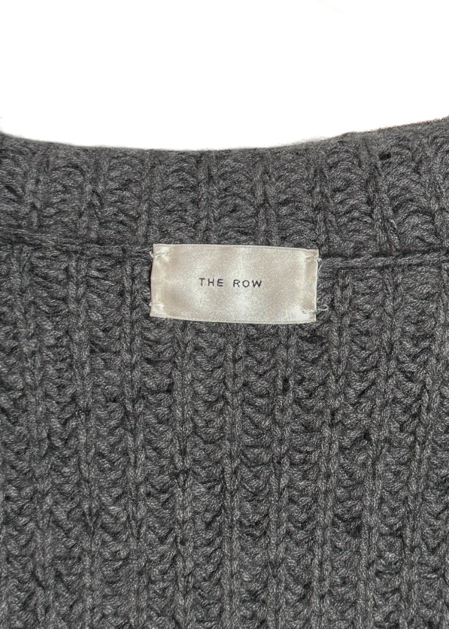 Brand label of The Row Grey Chunky Knit Cashmere Silk Data Cardigan Sweater