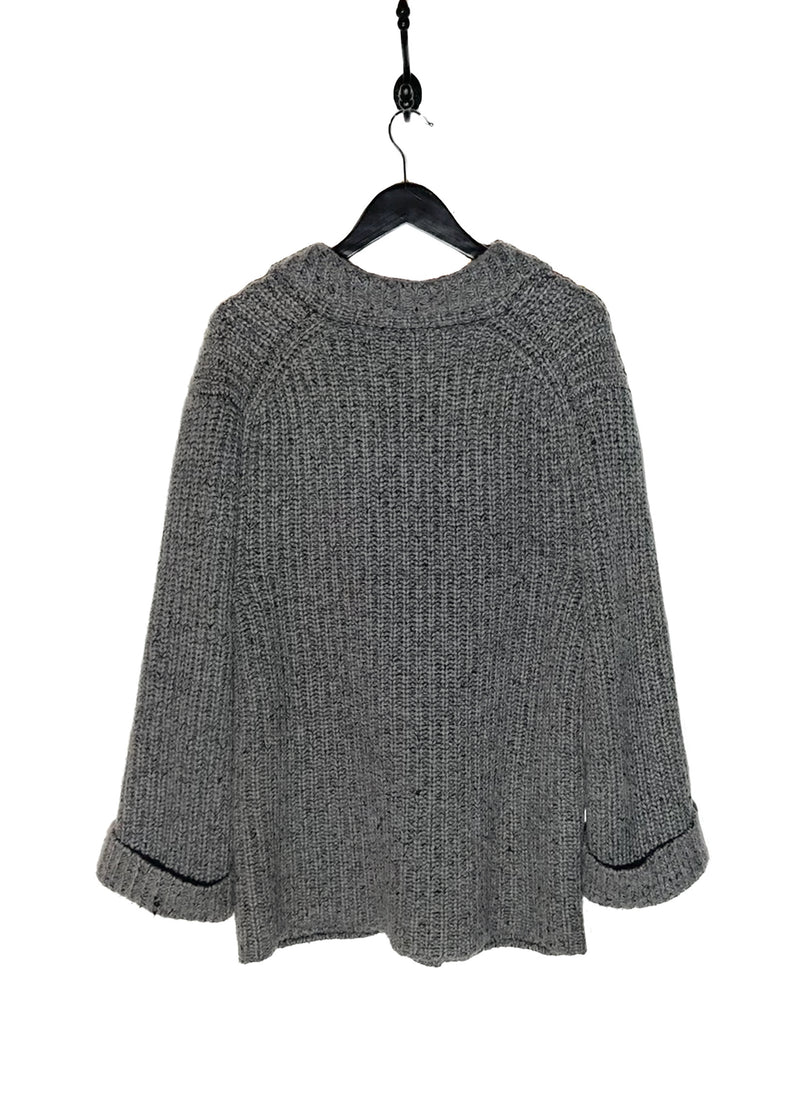 Back of The Row Grey Chunky Knit Cashmere Silk Data Cardigan Sweater