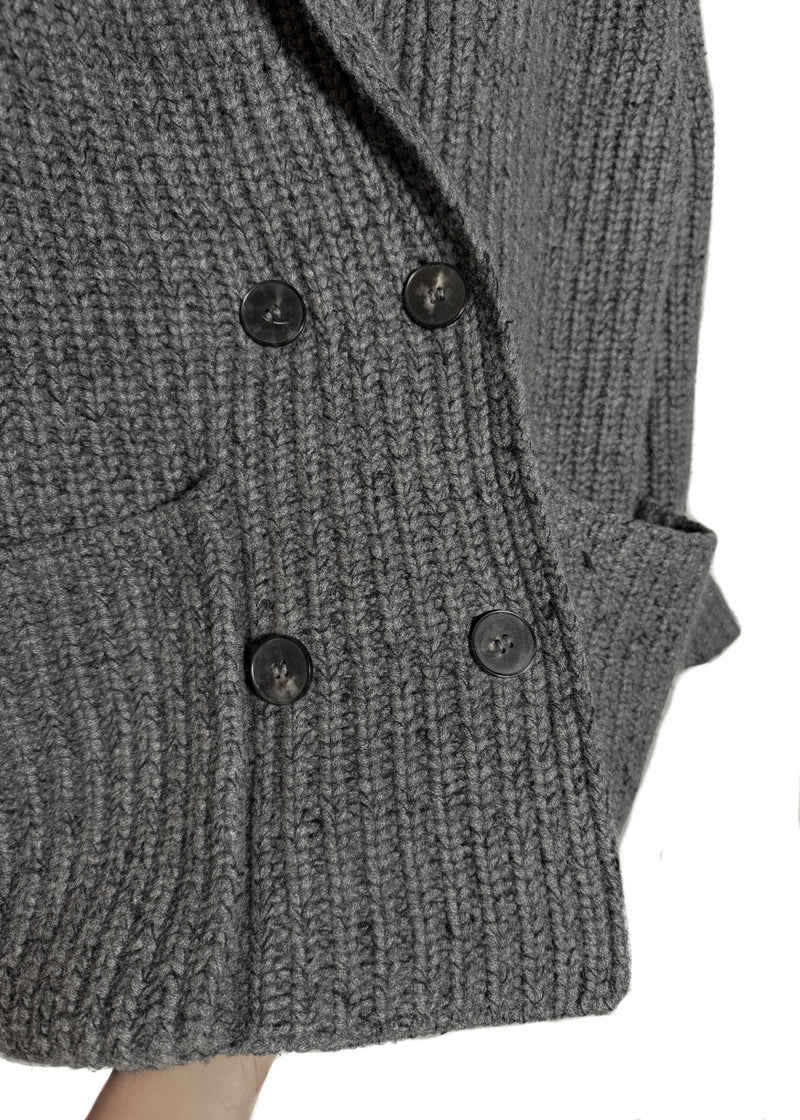 Pockets, Buttons and hem of The Row Grey Chunky Knit Cashmere Silk Data Cardigan Sweater